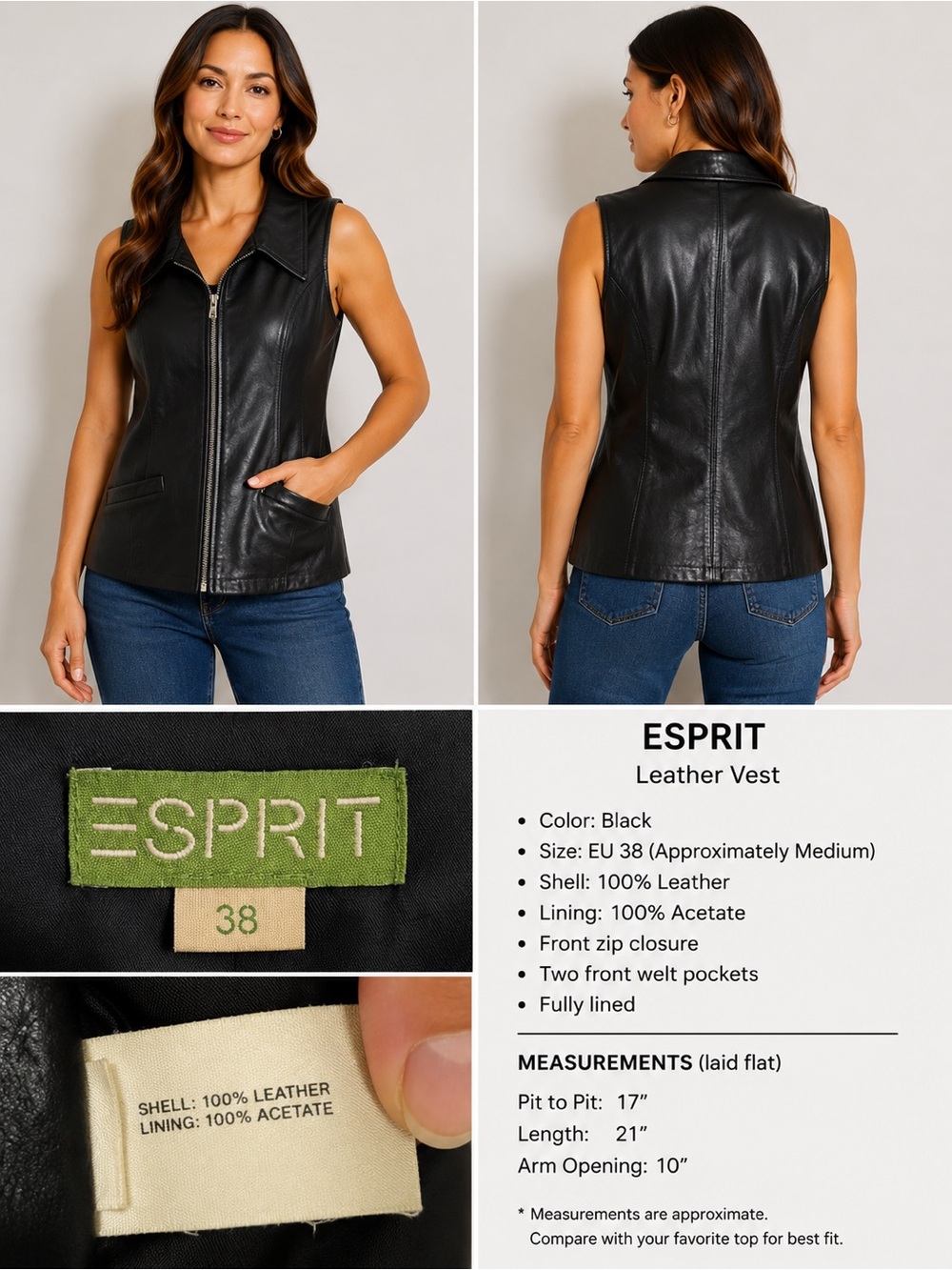 Esprit Genuine Leather Black Zip Front Vest EU 38 Womenโs Minimalist